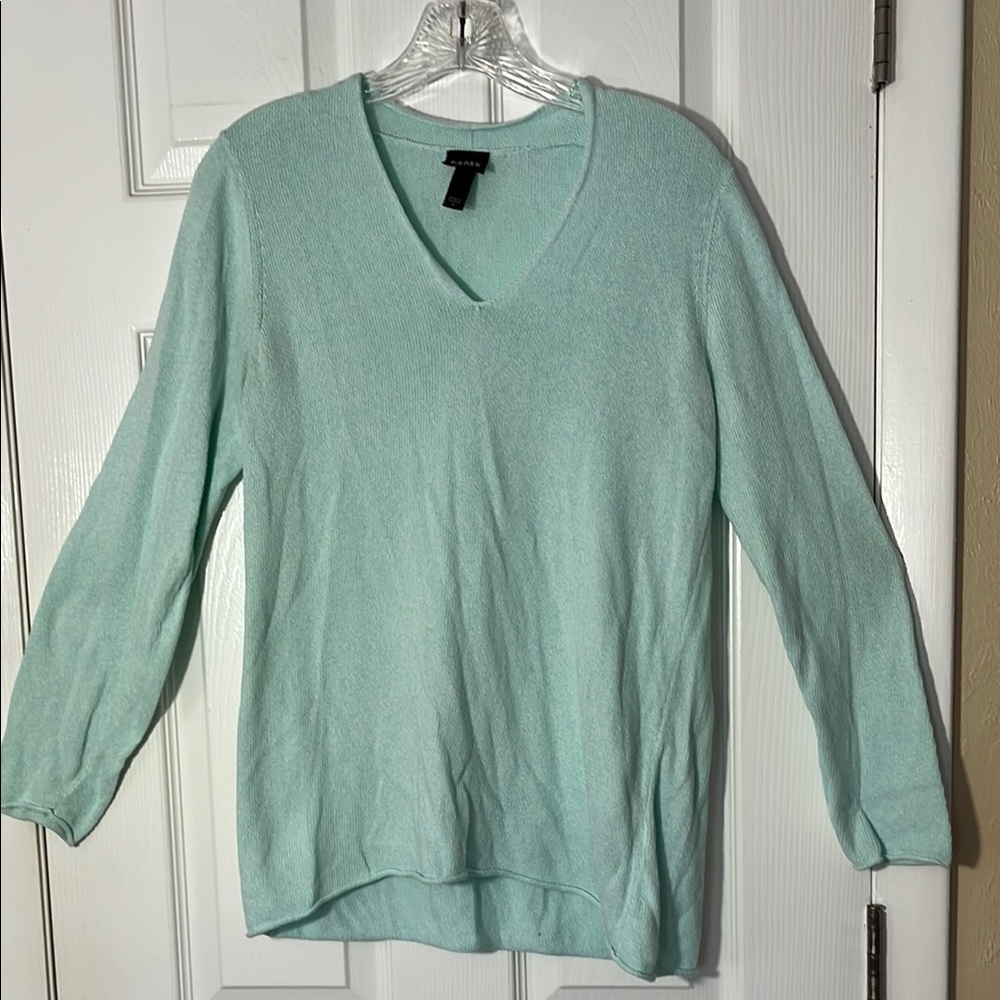 Eileen Fisher 100% cotton v neck sweater aqua long sleeve raw hem lightweight M